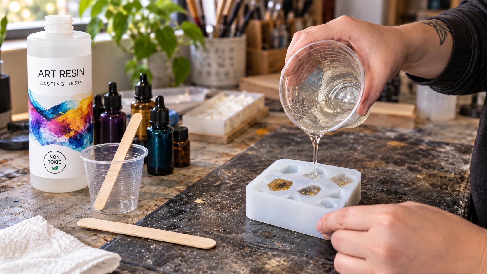 Resin being poured into a dice mould on a craft table