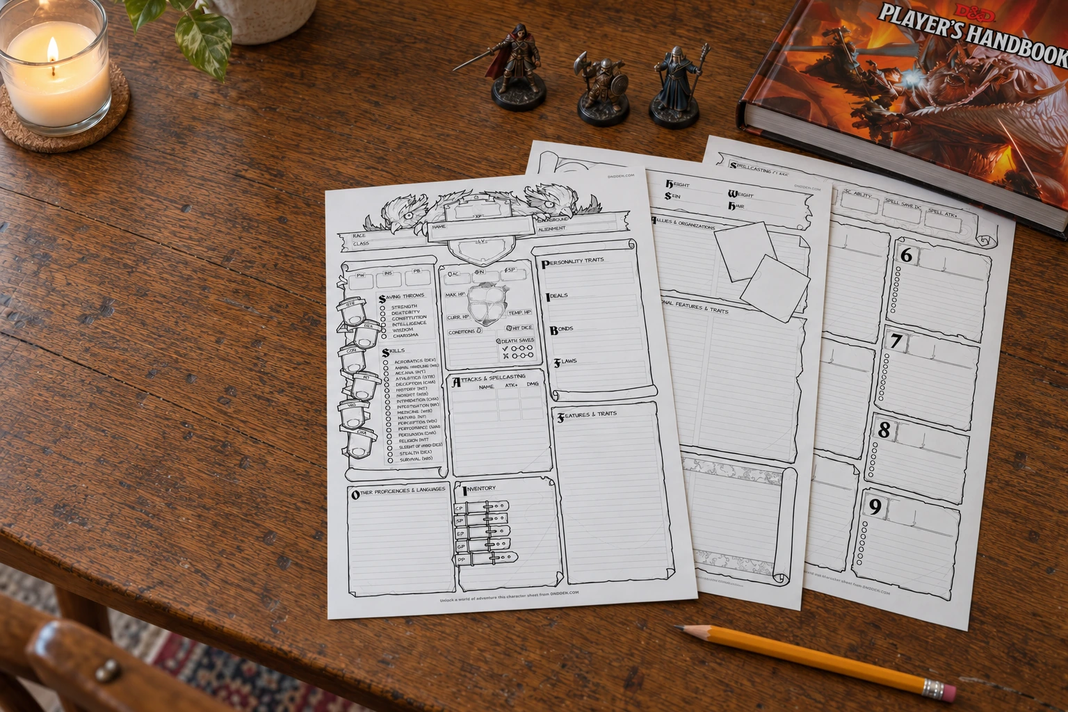 DND Den character sheets on a warm wooden table with a candle, miniatures and a handbook
