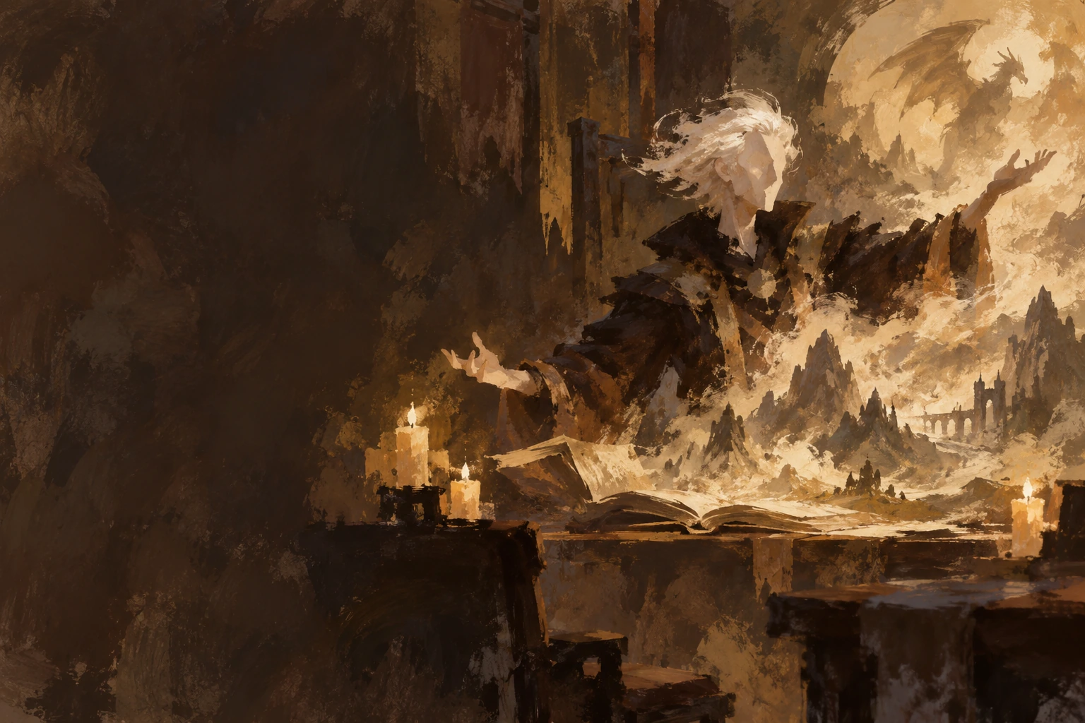 Loose brushwork of a androgynous changeling storyteller at a candlelit storytelling table.