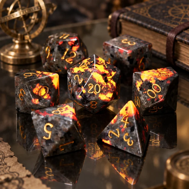 Fire and Stone Gemstone DND Dice 7 Set, Complete seven-dice set