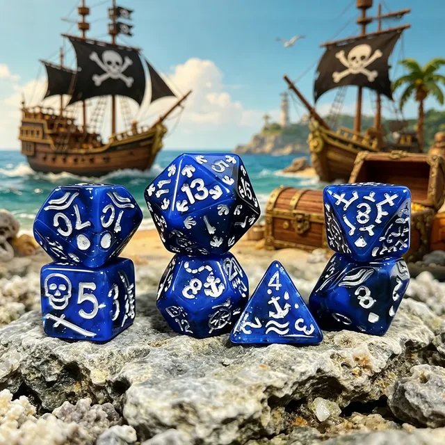 Glossy blue polyhedral dice with dark marbling, silver-coloured numbers, an anchor and a ship on a wooden background.